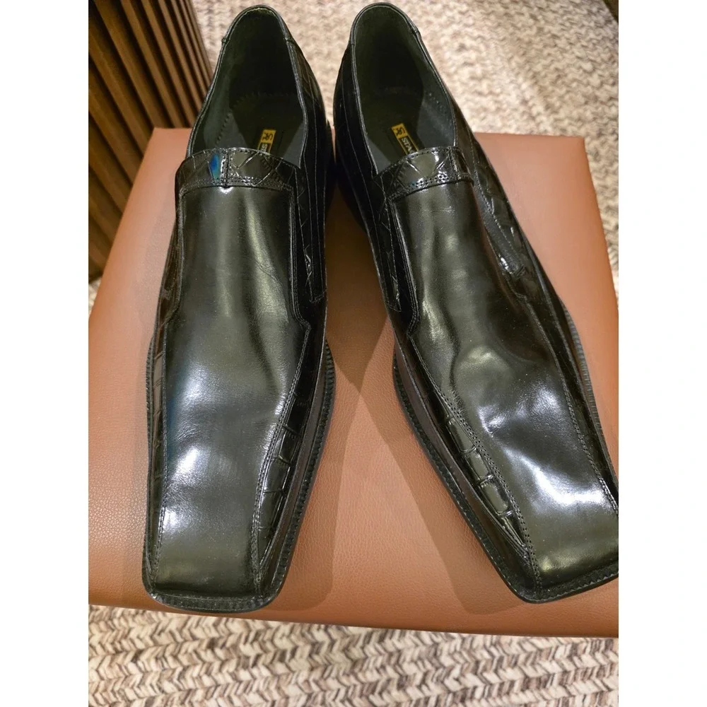 Stacy Adams Leather Loafers Black Dress Shoes Croc Embossed Square Toes Size 13M
